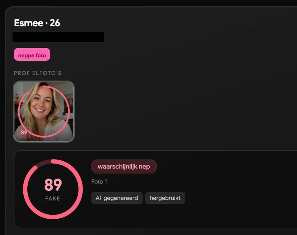 Faith Dating admin dashboard showing a profile flagged as fake with an 89 fake score, AI-generated and reused labels