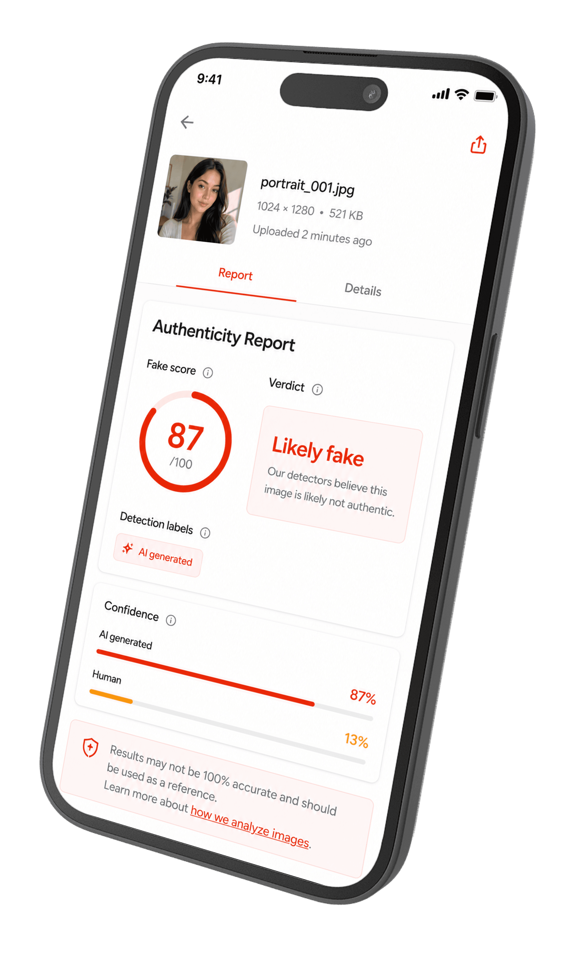 Authenticity Report on a phone: fake score 87, verdict Likely fake, AI generated